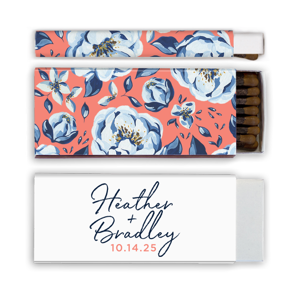 Our custom White Square Custom Photo Matchbox with Matte Light Coral Ink Digital Print Colors and Matte Navy Ink Digital Print Colors will make your guests swoon. Personalize your party's theme today.