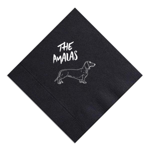 A cute dachshund napkin will be the perfect addition to your wedding. Featuring a bold font, there is a space on this dog themed napkin to include your last name. 
