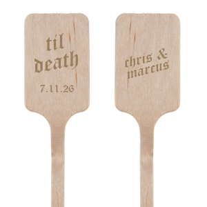 The Eternal Vow Stir Stick is a bold declaration of enduring commitment, with your  names inscribed in a font evocative of medieval script, full of ornate detail and charm. The reverse side proclaims "Til Death" in the same storied typeface, followed by the customizable date of your event, reinforcing the promise of everlasting love. This stir stick is a testament to a love that is as timeless as the font itself, perfect for weddings or anniversary celebrations that embrace a theme of eternal union.