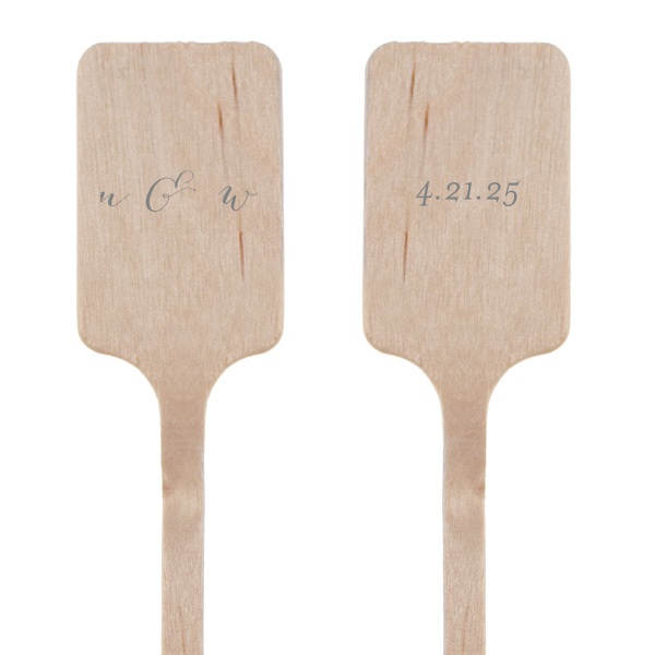 Stir up elegance with the Calligraphy Initials Stirrer, featuring a couple's initials in refined calligraphy, joined by a swirling ampersand. The flip side's date adds a bespoke twist, elevating cocktails with a dash of personalized panache.