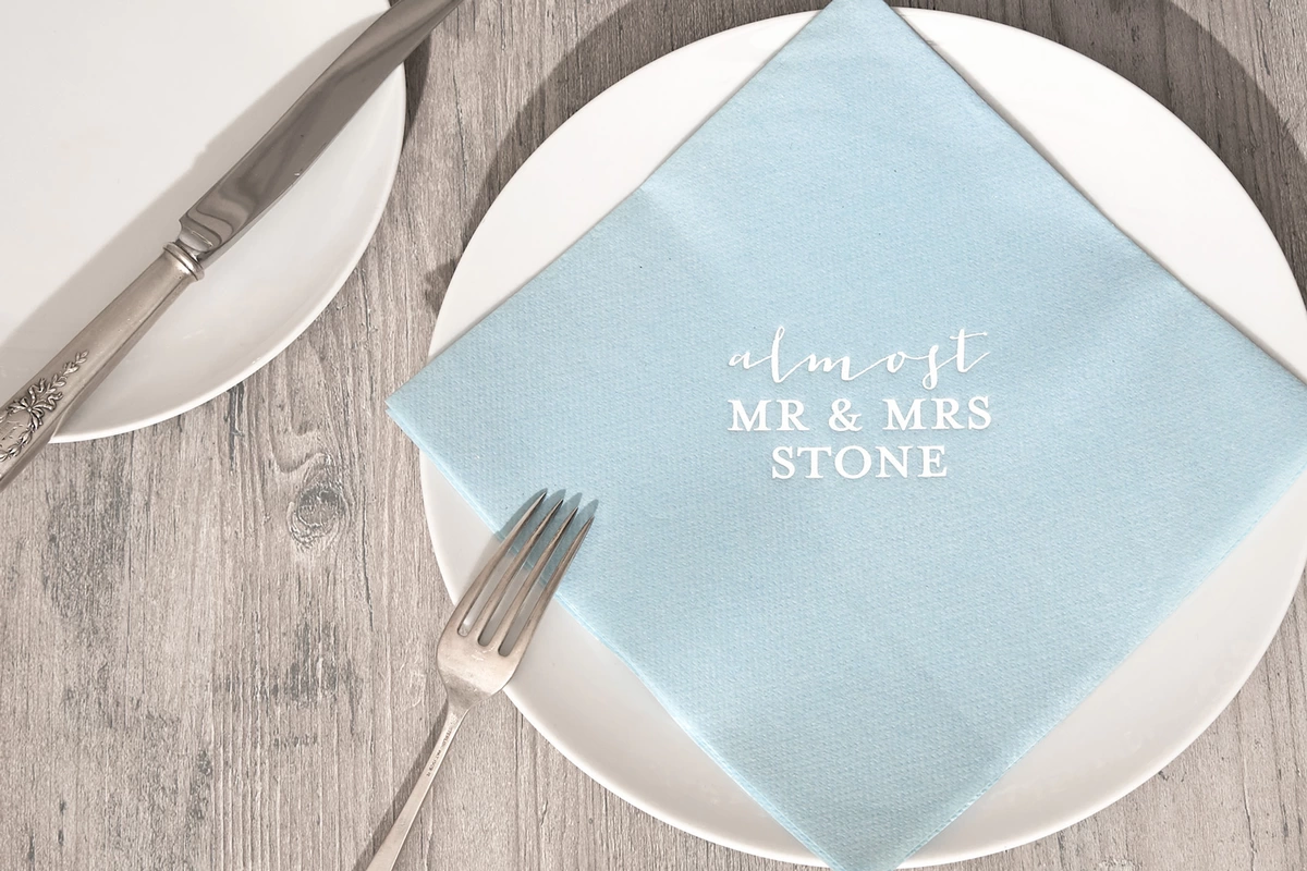 pale blue custom dinner napkin for rehearsal dinner