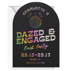 The Dazed and Engaged Bachelorette Disco Ball Invitation is a stylish and eye-catching way to invite your guests to your party. Whether you're hosting a small gathering or a big bash for your engagement party or bachelorette party, this is the perfect way to invite your friends and loved ones to join you for a night of fun and celebration.