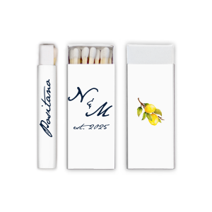 Give your guests a memorable wedding favor with this matchbox! Featuring a watercolor lemon graphic, this custom matchbox can be personalized with the date and location of your wedding. 