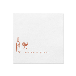 Complement the rich hues of your autumn celebration with the Boho Terracotta Line Art Wedding Napkin. This design showcases contemporary line drawings of a wine bottle and glass, perfect for a toast to the couple. Personalize with the bride and groom's names elegantly scripted below, adding a touch of modern sophistication to your moody fall wedding theme.
