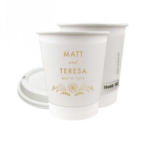 Personalized Gold Ink 8 oz Paper Coffee Cup with Lid with Gold Ink Cup Ink Colors has a Sunflower Bouquet Centerpiece graphic and is good for use in Lovely Press themed parties and will add that special attention to detail that cannot be overlooked.