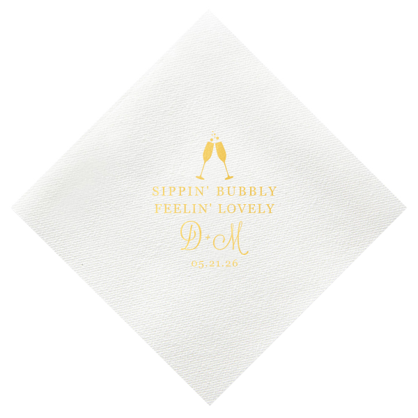 Embrace the effervescent spirit of celebration with the Bubbly Lovely Napkin design, featuring a charming graphic of champagne flutes mid-toast. Boldly declared, "SIPPIN BUBBLY" and "FEELIN LOVELY," encapsulate joy, while the couple's elegantly scripted initials and date add a refined touch to this bubbly, jubilant design.