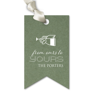 Adorn your holiday gifts with the Classic Angel Holiday Gift Tag, graced by a heralding angel. 'From ours to YOURS' and the family name beneath share a timeless message of goodwill, elevating your seasonal offerings with celestial charm.