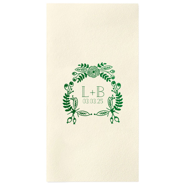 Add a touch of nature’s charm to your special day with the Beautiful Bouquet Wedding Napkin. This hand-drawn floral frame, lush with greenery, beautifully encircles the couple’s initials and event date. Bountiful and beautiful, it’s a celebration of love in full bloom.