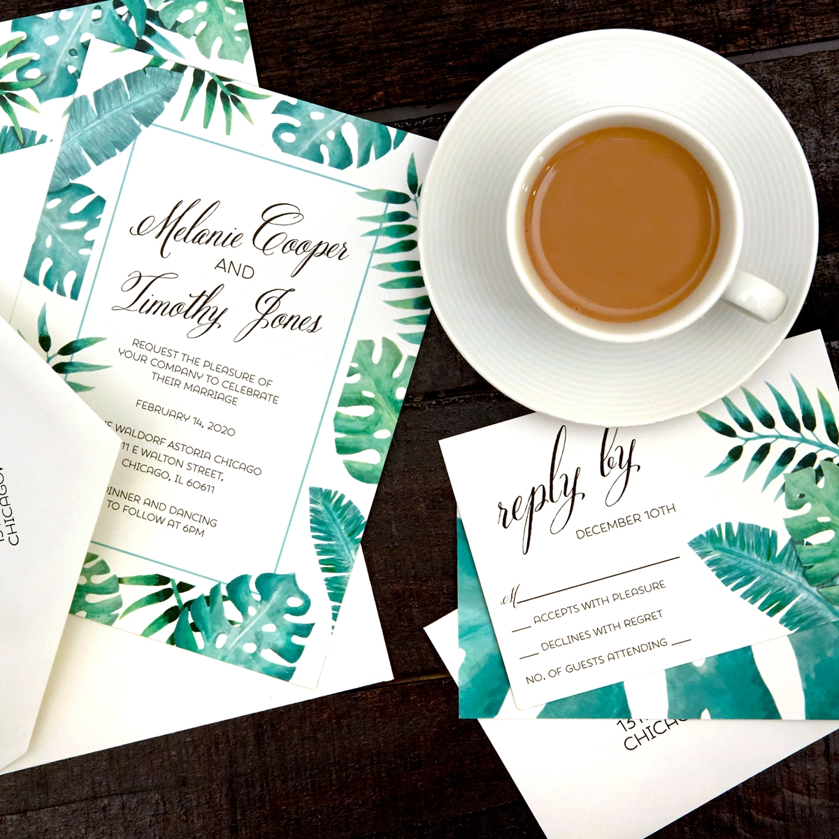 custom wedding invitations with palm greenery