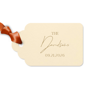 Add a personalized touch to your wedding favors with the Boho Terracotta Wedding Date Gift Tag. This tag begins with "The" in a stately serif font, followed by the newlyweds' surname in a graceful script. Finalize this bespoke detail with the date of your special day, all in the same classic font, capturing the essence of your chic and moody fall celebration.