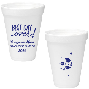 The ever-popular Matte Light Coral Ink 12 oz Styrofoam Cup with Matte Light Coral Ink Cup Ink Colors has a Best Day Ever graphic and a Caps Thrown graphic and is good for use in Graduation themed parties and can be personalized to match your party's exact theme and tempo.