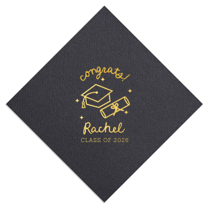 Celebrate the graduate's success with the Scripted Cap & Diploma Grad Napkin, elegantly personalized with the graduate's name and year in a handwritten script font. Featuring a classic graduation cap and diploma graphic, it's a sophisticated touch for any graduation festivity.