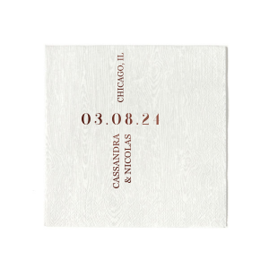 Celebrate your union with the Central Date Flair Napkin, where the wedding date takes center stage, boldly inscribed between the ascending couple's names and location details. A striking layout for an unforgettable matrimonial event.