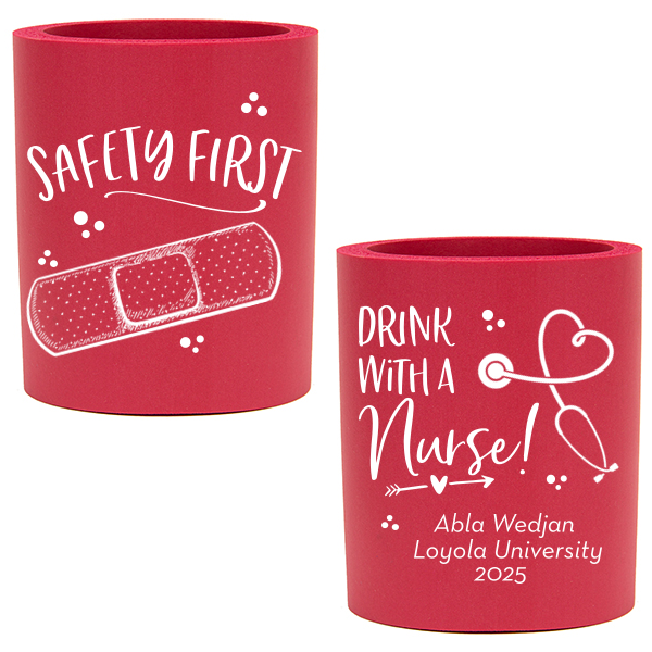 ForYourParty's chic Red Flat Can Cooler with Matte White Ink Cup Ink Colors has a Bandaid graphic and a Stethescope Heart graphic and is good for use in Graduation, Hearts themed parties and can be customized to complement every last detail of your party.