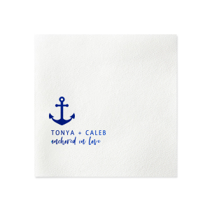 Set sail with the Anchored in Love Napkin, where nautical charm meets romance. Featuring a bold anchor above the couple’s names in striking capitals, and the phrase “anchored in love” seeming to float on a gentle sea, this design is perfect for celebrations that cherish a sense of security and adventure.