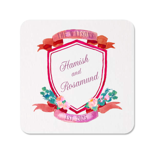 Our custom White Custom Photo Round Coaster with Matte Plum Ink Digital Print Colors and a Lush Ribbon and Floral Crest can be customized to complement every last detail of your party.