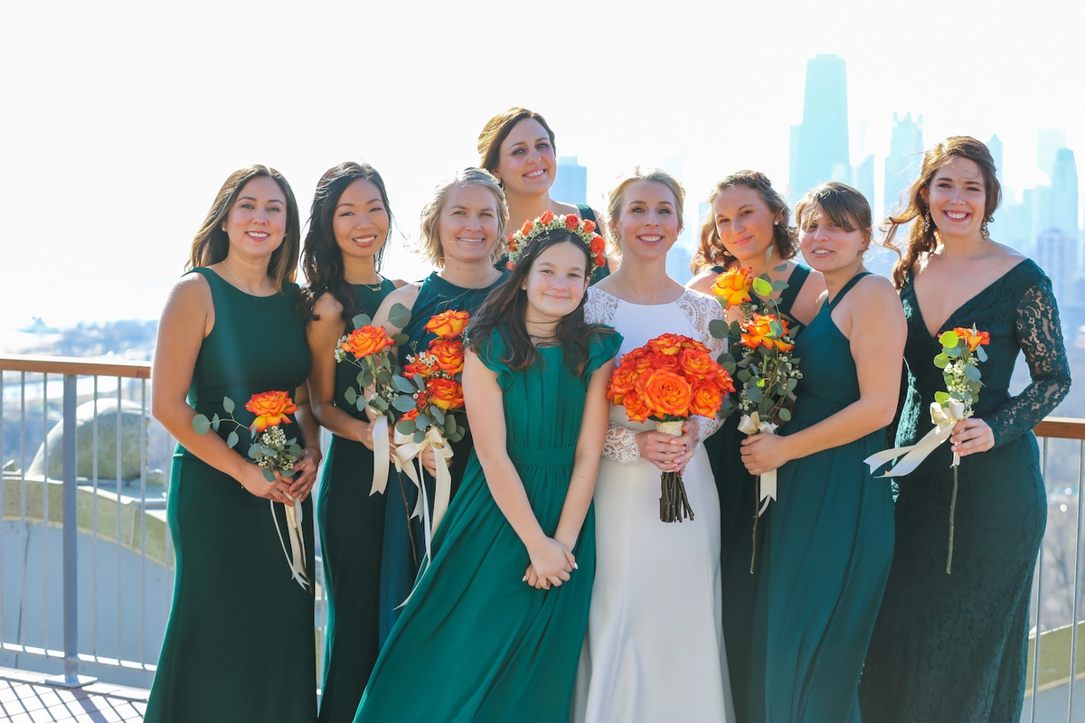 bridal party at Max and Haylie's geometric gold and green wedding in Chicago