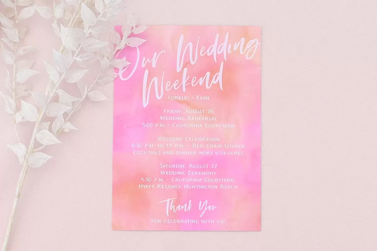 custom designed wedding weekend schedule for wedding welcome bags