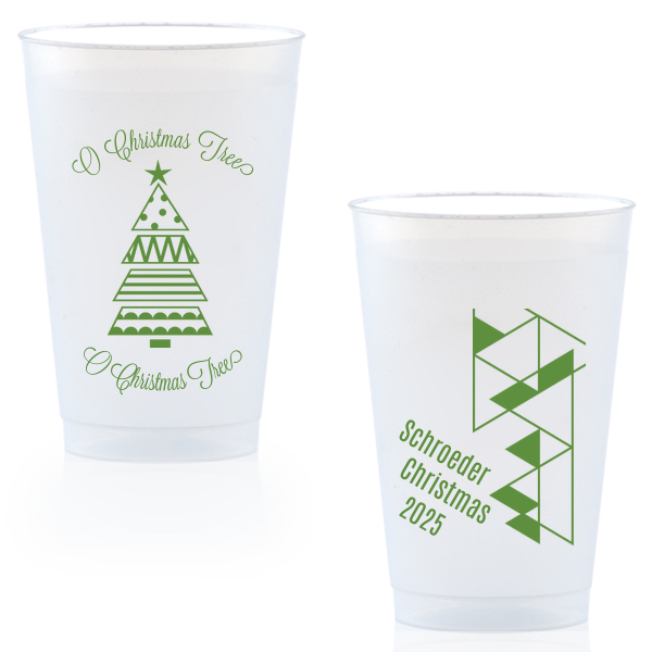 Our personalized Matte Moss Green Ink 16 oz Frost Flex Cup with Matte Moss Green Ink Print Color has a Geo Christmas Tree 2 graphic and a Triangles2RSVP graphic and is good for use in Lovely Press themed parties and will make your guests swoon. Personalize your party's theme today.