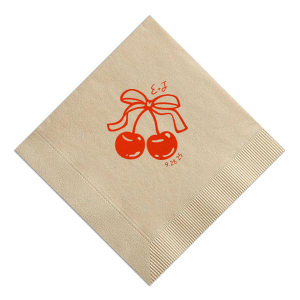 Pair your next special occasion with the Cherry Bow Initials Napkin! The two cherries are tied together by a bow, reflecting the partnership of you and your sweetheart. Customize the text to make it extra special at your next momentous occasion, be it an engagement, wedding, anniversary or any other celebration of love.