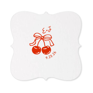 Pair your next special occasion with the Cherry Bow Initials Coaster! The two cherries are tied together by a bow, reflecting the partnership of you and your sweetheart. Customize the text to make it extra special at your next momentous occasion, be it an engagement, wedding, anniversary or any other celebration of love.