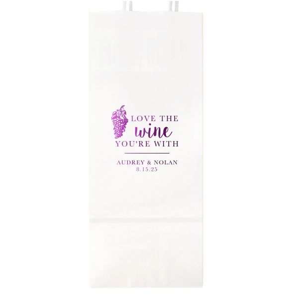 ForYourParty's personalized White Wine Gift Bag with Shiny Amethyst Foil Color has a Grapes graphic and is good for use in Wine themed parties and will look fabulous with your unique touch. Your guests will agree!