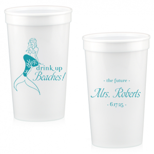 Sip Up Siren. Dive into bachelorette fun with the Drink Up Beaches Mermaid Cup. Featuring a stunning mermaid graphic and the cheeky phrase “Drink Up Beaches,” this design is perfect for celebrating the bride-to-be’s magical journey to becoming the future Mrs. Ideal for those who embrace the enchanting allure and playful spirit of mermaids.


