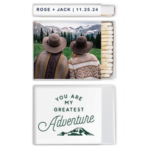 ForYourParty's chic White Classic Custom Photo Matchbox with Matte Spruce Ink Digital Print Colors and Matte Navy Ink Digital Print Colors has a Greatest Adventure graphic and is good for use in Wedding, Travel, Words themed parties and will look fabulous with your unique touch. Your guests will agree!