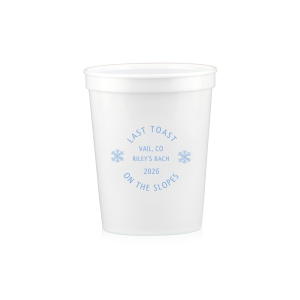 Celebrate good times with the Last Toast on the Slopes Stadium Cup. The durable and trendy cup comes in a variety of colors with customizable text to help express your unique taste. Perfect for winter bachelor &bachelorettes parties, holiday events or other festive function.