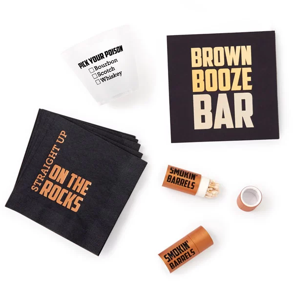 brown booze bar cocktail napkins and bar cups