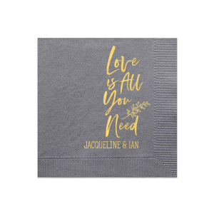 Personalized Dove Gray Luncheon Napkin with Shiny 18 Kt Gold Foil has a Leaf graphic and is good for use in Love and Wedding themed parties and are a must-have for your next event—whatever the celebration!