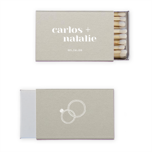 Our personalized Natural Gray Classic Matchbox with Matte White Foil has a Wedding Rings graphic and is good for use in Wedding themed parties and can be personalized to match your party's exact theme and tempo.