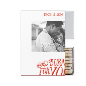 ForYourParty's chic White Classic Custom Photo Matchbox with Matte Blush Ink Digital Print Colors and Matte Poppy Ink Digital Print Colors has a Burning For You graphic and a Burning For You graphic and is good for use in Words, Calligraphy, Wedding themed parties and will make your guests swoon. Personalize your party's theme today.