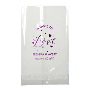 Fill the A Taste of Love Bag with delights as sweet as the sentiment it carries. 'Love' bursts forth, surrounded by joyful hearts, while the couple's names and date below savor the flavor of a heartfelt celebration.