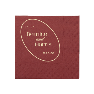 Create a sense of inclusion with the stylish Encircled Couple Names Napkin at your next special occasion. The stylish and functional napkin is perfect for weddings, engagements, home entertainment and so much more. Customize the product with your choice of text and colors to best represent your unique union! Featured in our Burgundy Wedding theme, match your special occasion with any number of stylish products to create a cohesive vision.