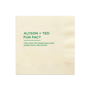 Get guests talking with the Fun Fact Conversation Starter Napkin featuring the couple's name in modern block letters followed by intriguing trivia. This crisp design invites discovery and dialogue, adding a dynamic twist to your event's atmosphere.