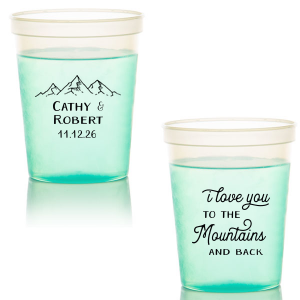 The Peak Romance Cup artfully marries whimsy with nature. It features “I love you to the Mountains and Back” in playful, peak-like script on one side, and a trio of snow-capped mountains with the couple’s names and date on the other, perfect for mountain-themed weddings.