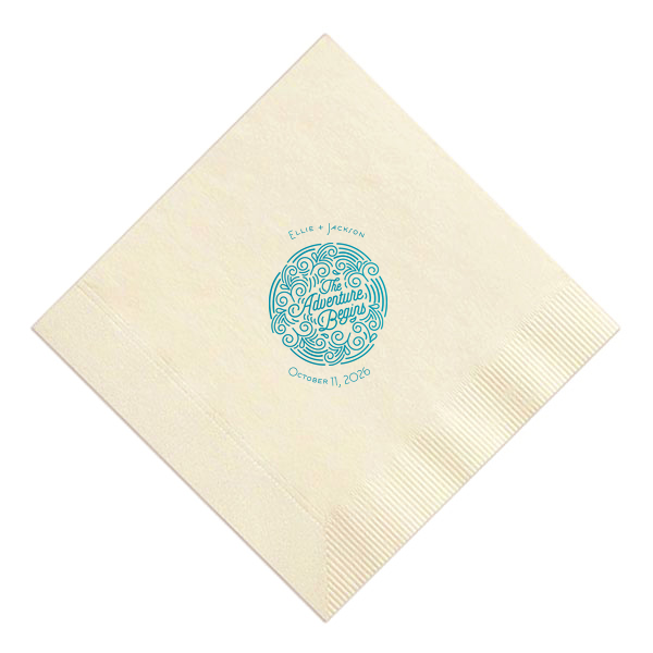 Add the perfect touch to your bar, dessert table or appetizers with this Adventure Begins personalized Ivory napkin. Pair your names and date with our Adventure Badge for a seamless detail in your outdoor themed wedding. 
