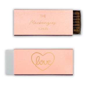 Our personalized Poptone Pastel Pink Classic Matchbox with Shiny Copper Foil has a Love Heart Sign graphic and is good for use in Wedding, Anniversary, Hearts themed parties and will look fabulous with your unique touch. Your guests will agree!