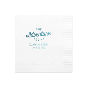 Our beautiful custom White Quick Ink Printed Cocktail Napkin with Matte Teal Ink Digital Print Colors has a The Adventure Begins graphic and is good for use in Wedding, Anniversary themed parties and can't be beat. Showcase your style in every detail of your party's theme!