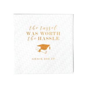 Our custom White Borderless Luncheon Napkin with Shiny Copper Foil has a Cap and Scroll graphic and is good for use in Graduation themed parties and will add that special attention to detail that cannot be overlooked.