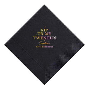 Commemorate a milestone birthday with the New Decade Starburst Napkin, personalized with the honoree's name and the dawn of a new era. Featuring "RIP to my twenties" or your custom age farewell, this napkin is sprinkled with celebratory stars, perfect for commemorating the next fabulous decade.