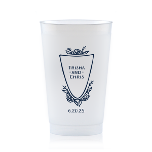 ForYourParty's personalized Matte Stone Blue Ink 12 oz Frost Flex Cup with Matte Stone Blue Ink Cup Ink Colors has a Crest Rose graphic and is good for use in Floral, Wedding themed parties and will impress guests like no other. Make this party unforgettable.