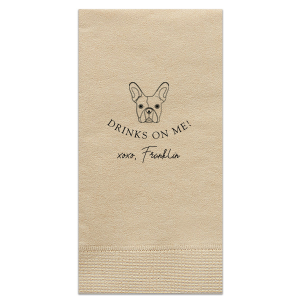 The Drinks On Me French Bulldog Napkin offers a delightful twist for pet lovers. It features an adorable French Bulldog illustration, with the playful message "DRINKS ON ME!" and "xoxo," followed by the pet's name in a charming signature font. This endearing design embodies the warmth and generosity of the pet-owner bond.