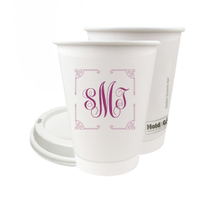 Our personalized 8 oz Paper Coffee Cup with Lid with Matte Dark Magenta Ink  has a Rococo Frame graphic and is good for use in Anniversary, Wedding, and Birthday themed parties and will add that special attention to detail that cannot be overlooked.