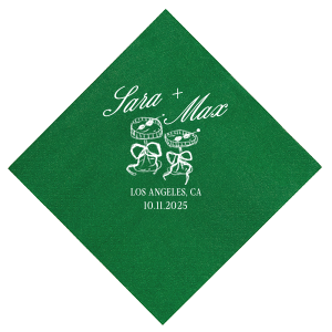 The Wedding Glass & Bow Napkin is the must have trendy design for your one of a kind lifetime event. Featuring hand-drawn bows tied around champagne glasses alongside customizable text in your choice of styles and colors to best personalize to your tastes.