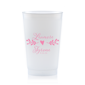 Our custom 9 oz Frost Flex Cup with Matte Pastel Pink Ink has a Twig Flourish graphic and is good for use in Floral and Wedding themed parties and can be customized to complement every last detail of your party.