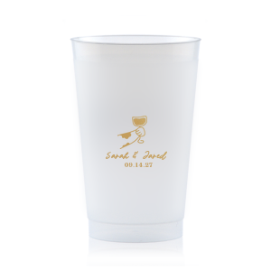 Cheers to love with the Toasting Hands Wedding Cup, adorned with a delightful cartoon hand raising a glass of wine in celebration. Beneath this charming graphic, add a personal touch with the couple's names in a playful script font, followed by the event date in a classic serif. A delightful addition to your wedding day festivities.