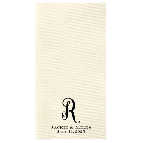 The Elegant Mono Initial Name and Date Wedding Napkin design elegantly symbolizes unity and identity, featuring a grand, scrolling script of the couple's shared last initial. This monogram, a sign of their eternal bond, is strikingly complemented by their full names and event date in bold, all-caps block lettering below. A sophisticated embodiment of togetherness.