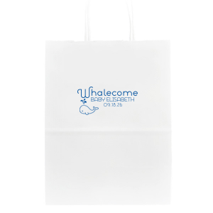 Personalized White Gift Bag with Shiny Turquoise Foil has a Whale graphic and is good for use in Animals, Birthday, Kid Birthday and Baby Shower themed parties and are a must-have for your next event—whatever the celebration!